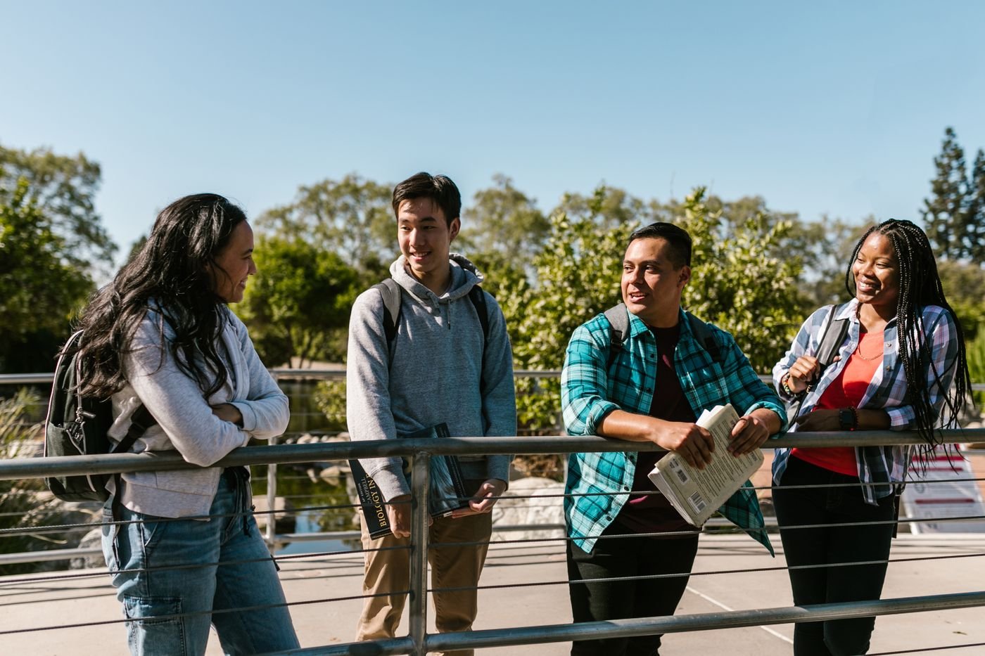 Students socialising outdoors on a sunny campus
